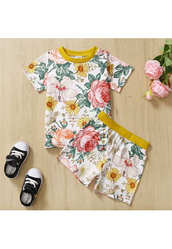 2-piece Toddler Girl Floral Print Short-sleeve Tee and Elasticized Shorts Set