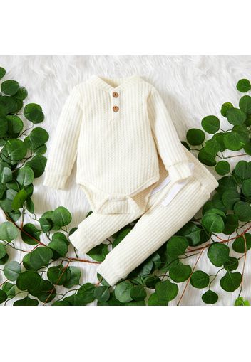 2pcs Solid Waffle Long-sleeve Baby Set