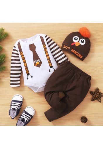 Baby 3pcs Thanksgiving Cartoon Turkey Stripe Print Long-sleeve Romper Set