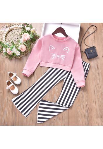 2-piece Kid Girl Cat Print Pullover Sweatshirt and Stripe Flared Pants Set