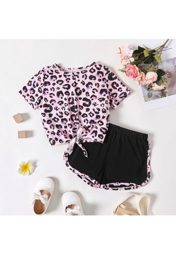 2pcs Toddler Girl Leopard Print Tie Knot Short-sleeve Tee and Splice Shorts Set