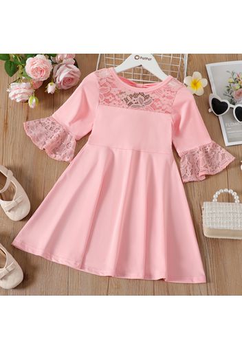 Kid Girl Lace Design Backless  Bowknot Design Half Bell sleeves Solid Color Dress