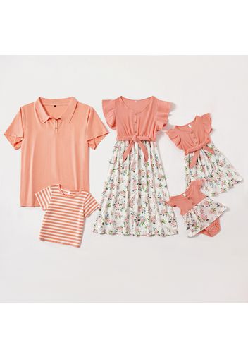 Mosaic Family Matching Cotton Stripe T-shirts Flutter-sleeve Floral Dresses - Rompers - Polo Shirts