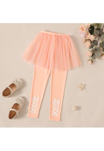 Kid Girl Bowknot Print Mesh Skirt Leggings