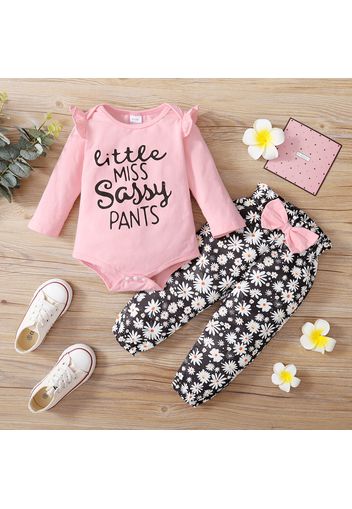 2-piece Baby Girl Ruffle Letter Print Long-sleeve Bodysuit Romper and Bowknot decor Floral Print Paperbag Pants Set