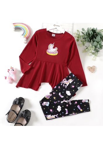 2-piece Kid Girl Unicorn Print Irregular Hem Long-sleeve Red Top and Heart Stars Print Leggings Set