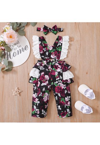 2pcs Floral Print Lace Decor Flutter-sleeve White Baby Set