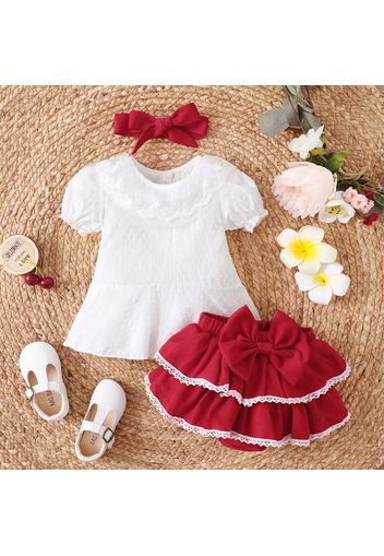 3pcs Baby Girl Lace Collar Puff Sleeve Top and Layered Ruffle Bowknot Shorts with Headband Set