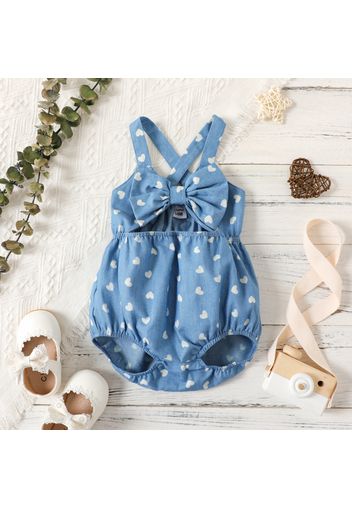 Baby Girl All Over Love Heart Print Imitation Denim Bowknot Hollow out Sleeveless Romper