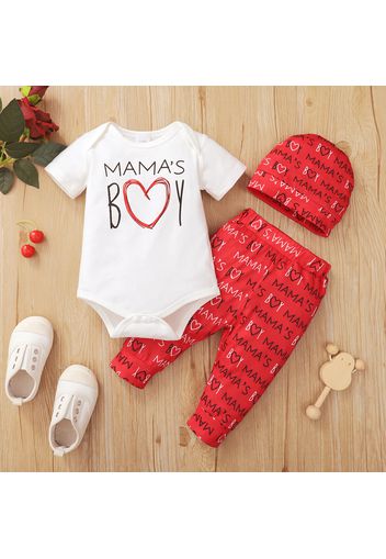 3pcs Baby Boy 95% Cotton Short-sleeve Love Heart & Letter Print Romper and Pants with Hat Set