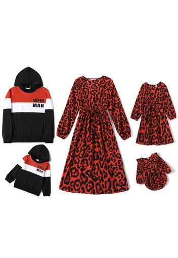 Family Matching All Over Leopard Long-sleeve Belted Dresses and Color Block Hoodies Sets