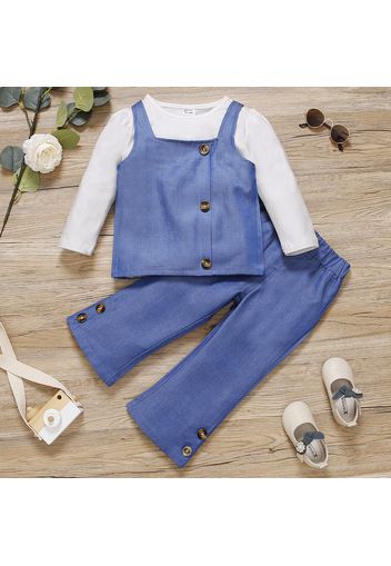 2-piece Toddler Girl Button Design Faux-two Denim Long-sleeve Top and Jeans Pants Set