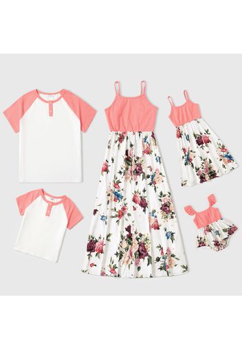 Family Matching Pink Spaghetti Strap Splicing Floral Print Midi Dresses and Raglan-sleeve T-shirts Sets