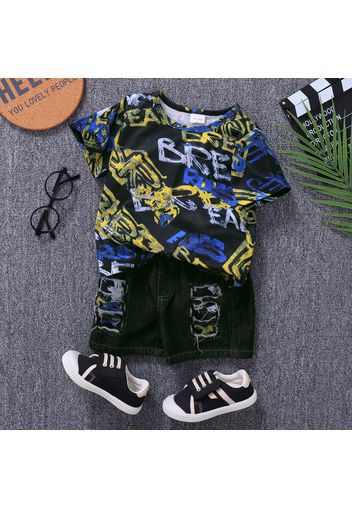 2pcs Toddler Boy Trendy Ripped Denim Shorts & Letter Print Tee Set