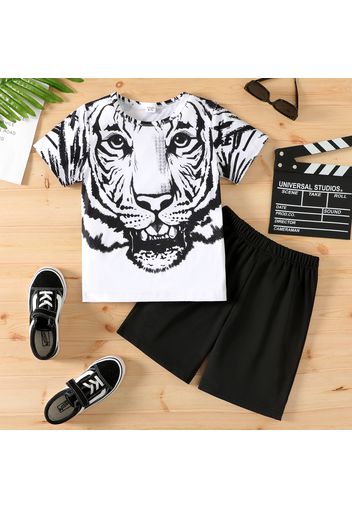 2pcs Kid Boy Animal Tiger Print Short-sleeve Tee and Elasticized Black Shorts Set