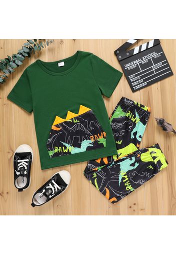 2-piece Kid Boy Animal Dinosaur Print Spike Design Short-sleeve Tee and Elasticized Pants Set