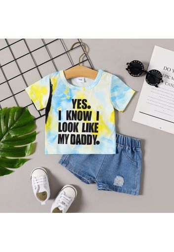 2pcs Baby Boy/Girl Letter Print Tie Dye Short-sleeve T-shirt and Ripped Denim Shorts Set