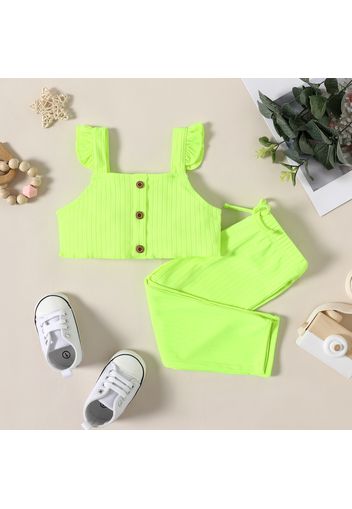 2pcs Baby Girl Solid Ribbed Button Up Sleeveless Crop Top and Trousers Set