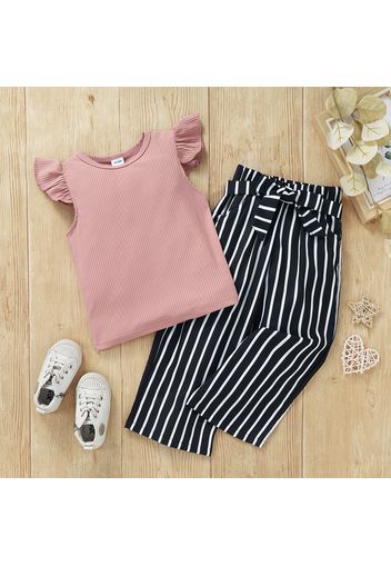 2-piece Toddler Girl Ribbed Flutter-sleeve Pink Tee and Stripe Belted Pants Set