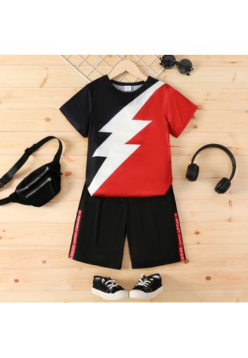 2pcs Kid Boy Colorblock Short-sleeve Tee and Letter Print Sporty Set