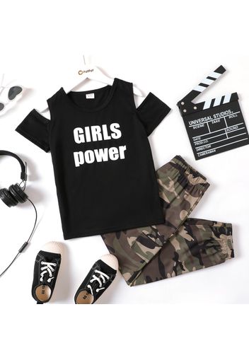 2-piece Kid Girl Letter Print Cold Shoulder Short-sleeve Black Tee and Camouflage Print Pants Set