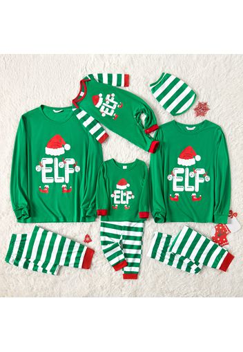 Christmas Elf Letter Print Green Family Matching Long-sleeve Striped Pajamas Sets (Flame Resistant)