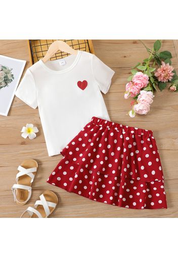 Valentine's Day 2-piece Kid Girl Round-collar Heart Print Tee and Polka dots Layered Skirt Set