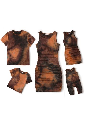 Family Matching Brown Tie Dye Ruched Bodycon Tank Dresses and Short-sleeve T-shirts Sets