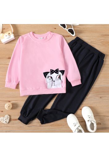 2-piece Kid Girl Cat Embroidered Pink Sweatshirt and Black Pants Set