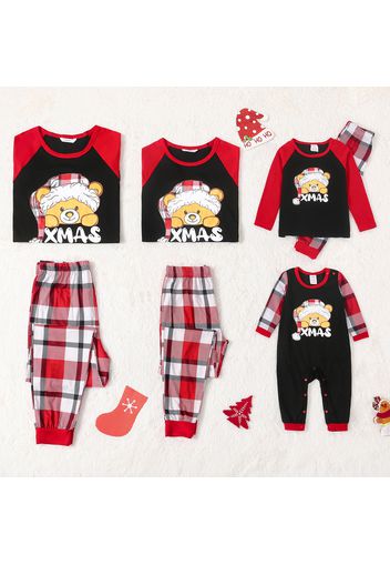 Christmas Cartoon Bear and Letter Print Family Matching Raglan Long-sleeve Red Plaid Pajamas Sets (Flame Resistant)