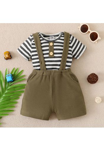 2pcs Baby Boy Cotton Ribbed Short-sleeve Striped Romper and Waffle Suspender Shorts Set