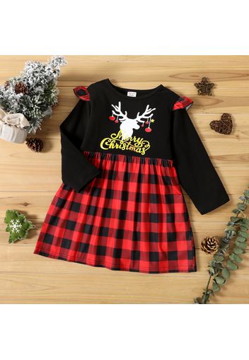 Toddler Girl Christmas Letter Deer Print Plaid Long-sleeve Splice Dress