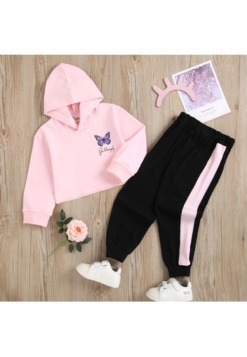 2-piece Toddler Girl Letter Butterfly Print Pink Hoodie and Colorblock Elasticized Pants Set