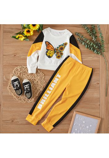 2-piece Kid Girl Butterfly Print Colorblock Pullover and Letter Print Pants Casual Set