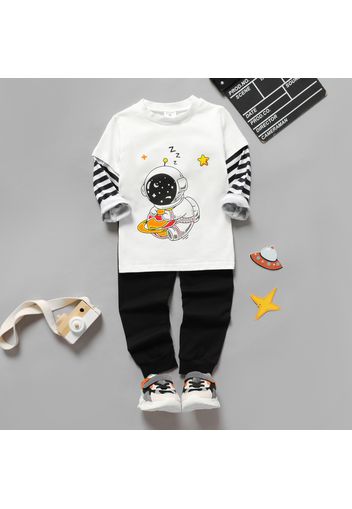 2-piece Toddler Boy Astronaut Print Stripe Long-sleeve Top and Black Pants Set