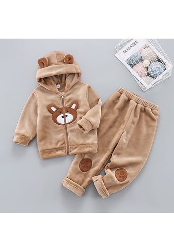 2-piece Toddler Girl/Boy Bear Embroidered Zipper Hooded Fuzzy Coat and Pants Set