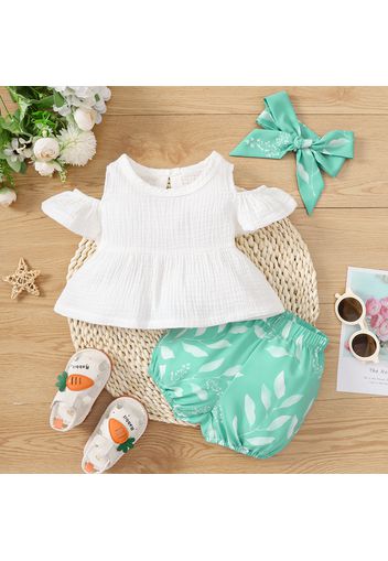 3pcs Baby Girl 100% Cotton Crepe Cold Shoulder Ruffle-sleeve Top and Allover Leaf Print Shorts with Headband Set