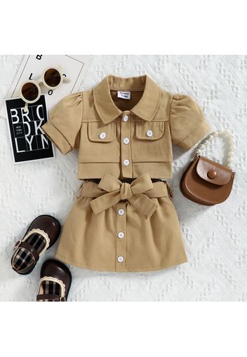 100% Cotton 2pcs Baby Girl Button Design Khaki Denim Puff-sleeve Crop Top and Belted Skirt Set