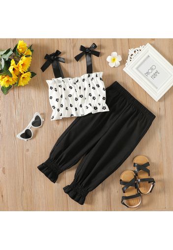 2pcs Kid Girl Floral Print Bowknot Design Camisole Black Smocked Cuff Capri Pants Set