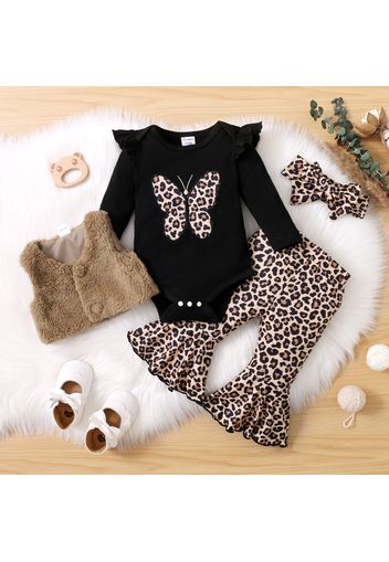 4pcs Baby Butterfly Print Cotton Long-sleeve Romper and Leopard Bell Bottom Pants with Fuzzy Fleece Vest Set