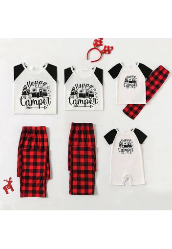 Family Matching Letter and Red Plaid Print Raglan Short Sleeve Pajamas Set(Flame Resistant)