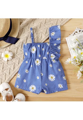 Baby Girl All Over Daisy Floral Print Blue Denim Ruffle Cami Romper