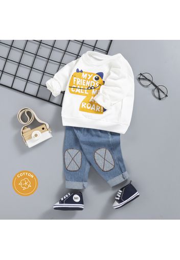 2pcs Baby Boy/Girl 100% Cotton Jeans and Cartoon Dinosaur & Letter Print Long-sleeve Sweatshirt Set