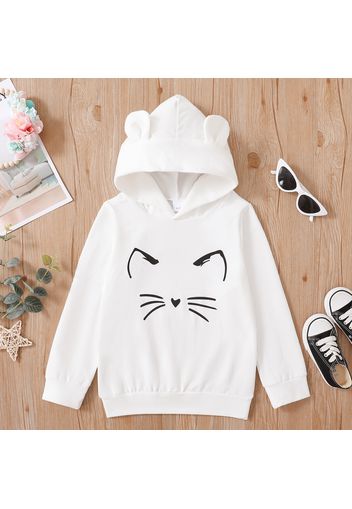 Kid Girl Cat Print Ear Design Solid Hoodie Sweatshirt