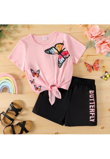 2pcs Kid Girl Butterfly Print Tie Knot Short-sleeve Tee and Letter Print Shorts Set