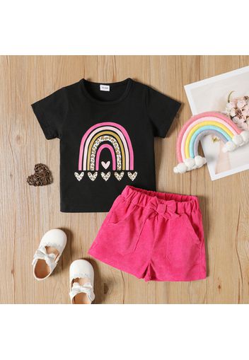 2-piece Toddler Girl Heart Rainbow Print Short-sleeve Black Tee and Bowknot Design Pink Shorts Set