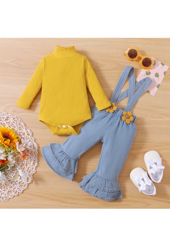 2pcs Baby Girl Ribbed/Dots Turtleneck Long-sleeve Romper and 3D Flowers Denim Bell Bottom Overalls Set