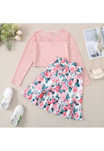 2-piece Kid Girl Lace Design Long-sleeve Tee and Bowknot Design Floral Print Skirt Set