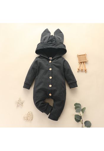 Solid 3D Ear Decor Hooded Long-sleeve Baby Jumpsuit