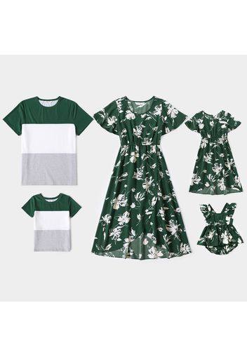 Family Matching Floral Print Green Short-sleeve Tulip Hem Dresses and Colorblock T-shirts Sets